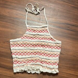 American Eagle Outfitters Cream and Red Patterned Halter Top